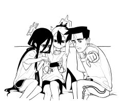 Rule 34 | 1boy, 2girls, asahina yoshitoshi, blue archive, choker, closed mouth, controller, game controller, greyscale, hair between eyes, halo, holding, holding controller, holding game controller, horns, kayoko (blue archive), kei (blue archive), long hair, monochrome, multiple girls, open mouth, playing games, pointing, pointing at viewer, rectangular halo, sensei (blue archive), shirt, short sleeves, shorts, single wing, sitting, very long hair, wings