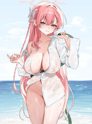 Rule 34 | 1girl, absurdres, blue archive, bottomless, bow, breasts, closed mouth, cloud, covered erect nipples, cowboy shot, day, green eyes, hair bow, halo, hanako (blue archive), hanako (swimsuit) (blue archive), hand up, highres, holding, holding hose, hose, large breasts, naked shirt, ocean, official alternate costume, outdoors, pink hair, see-through clothes, see-through shirt, shirt, single bare shoulder, sky, smile, smilesmile1312, solo, water, wet, wet clothes, wet shirt, white bow, white shirt