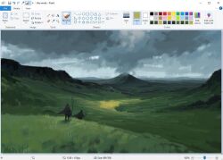 2others art_program_in_frame black_cloak christian_young cloak cloud cloudy_sky from_behind full_body hill holding holding_staff hood hood_up landscape microsoft_paint_(medium) microsoft_paint_(software) mini_person mountain mountainous_horizon multiple_others original outdoors painterly scenery screencap sky staff walking