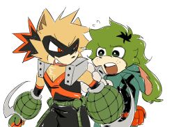Rule 34 | bakudeku, bakugou katsuki, blonde hair, boku no hero academia, dog, fang, freckles, gree air, green eyes, green fur, highres, long ears, messy hair, midoriya izuku, rabbit, red eyes, sega, sonic (series), spiked hair, superhero costume, yellow fur
