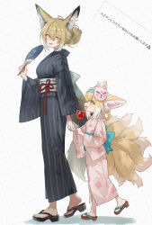 2girls absurdres alternate_costume animal_ears arknights black_kimono blonde_hair blue_hairband braid braided_hair_rings breasts candy_apple child chromatic_aberration commentary_request food fox_ears fox_girl fox_mask fox_tail from_side green_eyes hair_bun hair_rings hairband hand_fan highres holding holding_candy_apple holding_fan holding_food japanese_clothes kimono kitsune kyuubi long_sleeves mask mask_on_head medium_breasts mother_and_daughter multiple_girls multiple_tails obi open_mouth orange_eyes paper_fan pink_kimono request_inset sandals sash short_hair striped_clothes striped_kimono suzuran_(arknights) tail toes translation_request twin_braids uchiwa uof vertical-striped_clothes vertical-striped_kimono vulpisfoglia_(arknights) yukata