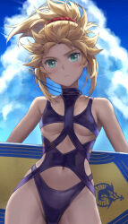 1girl bare_shoulders blonde_hair blue_sky blush braid breasts earrings fate/grand_order fate_(series) green_eyes high_ponytail highleg highleg_one-piece_swimsuit highres jewelry long_hair looking_at_viewer mordred_(fate) mordred_(fate/apocrypha) multiple_earrings navel one-piece_swimsuit parted_bangs ponytail short_ponytail sidelocks sky small_breasts solo surfboard swimsuit tonee