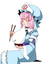 Rule 34 | 1girl, :t, black ribbon, blue hat, blue kimono, bowl, chopsticks, closed eyes, closed mouth, commentary request, eating, feet out of frame, ghost, hat, holding, holding bowl, holding chopsticks, japanese clothes, kimono, konpaku youmu, konpaku youmu (ghost), kurumizawa taroh, mob cap, neck ribbon, pink hair, purple ribbon, ribbon, saigyouji yuyuko, short hair, simple background, sitting, sleeve ribbon, solo, touhou, triangular headpiece, white background