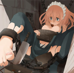 1girl ball_gag barefoot bdsm blue_eyes body_writing bondage bound breasts cannibalism chain coin cuffs feet female_focus gag gag_around_neck highres knife maid maid_headdress medium_breasts money nipples original pink_hair shackles short_hair solo takagi_(tansuke) tansuke tears toes torn_clothes translation_request ungagged unworn_gag wiffle_gag