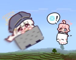 ! 2girls ahoge aoba_(blue_archive) blue_archive blue_sky chibi chibi_only commentary_request halo hat heterochromia highres hoshino_(blue_archive) ishikoro24 minecart minecraft motion_blur multiple_girls outdoors pink_hair sky spoken_exclamation_mark tearing_up white_hair