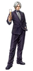 Rule 34 | 1boy, absurdres, bow, bowtie, champagne flute, cup, drink, drinking glass, formal clothes, full body, grey eyes, grey hair, hand in pocket, highres, holding, holding drink, jacket, lee chaolan, looking ahead, male focus, non-web source, official art, pants, purple bow, purple bowtie, purple jacket, purple pants, purple suit, shirt, short hair, simple background, smirk, solo, standing, suit, tekken, tekken tag tournament 2, white background, white shirt, yamashita shun&#039;ya