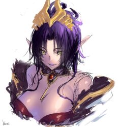Rule 34 | 1girl, absurdres, artist name, bare shoulders, black hair, breasts, cleavage, digimon, digimon (creature), highres, koutei teki, large breasts, lilithmon, lilithmon x-antibody, one-hour drawing challenge, pointy ears, sketch, solo, upper body, yellow eyes