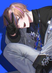 1boy :d aiguillette black_gloves black_shirt blue_background blue_eyes blue_gemstone blue_hair blue_necktie brown_hair chain chain_necklace chromatic_aberration collared_shirt commentary crescent crescent_earrings crescent_necklace ear_piercing earrings gem gloves grey_jacket grey_pants hair_between_eyes hand_up highres jacket jewelry kaohom503 long_sleeves looking_at_viewer looking_to_the_side male_focus multicolored_hair necklace necktie nijisanji nijisanji_en off_shoulder open_clothes open_jacket open_mouth pants piercing pink_hair seible_(nijisanji) shadow shirt short_hair simple_background smile solo squatting streaked_hair symbol-only_commentary tassel teeth upper_teeth_only v virtual_youtuber wing_collar
