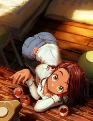 1girl artist_name bar_(place) bar_stool blue_pants breasts brown_hair carafe cleavage clip_studio_paint_(medium) coffee collared_shirt commentary commentary_request cup dark-skinned_female dark_skin denim dress_shirt english_commentary eudetenis from_above full_body green_eyes hand_on_own_neck hand_up helen_(eudetenis) highres indoors jeans leaning_forward long_hair looking_at_viewer looking_up medium_breasts mixed-language_commentary original pants parted_lips raised_eyebrows shiny_skin shirt sidelocks solo standing stool table white_shirt wooden_floor wooden_table