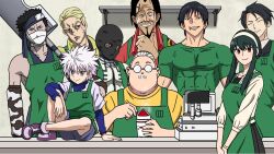 Rule 34 | 1girl, 6+boys, akaza (kimetsu no yaiba), apron, black hair, blonde hair, blue eyes, chopsticks, counter, crossover, cup ramen, food, forehead protector, fushiguro touji, green apron, hairband, higuma (one piece), hunter x hunter, jojo no kimyou na bouken, jujutsu kaisen, killua zoldyck, kimetsu no yaiba, long sleeves, looking at viewer, mask, momochi zabuza, multiple boys, naruto (classic), naruto (series), noodles, okyaaaaaan, one piece, prosciutto, ramen, red eyes, sakamoto days, sakamoto taro, shirt, short hair, shorts, smile, spiked hair, spy x family, sword, vento aureo, weapon, white hair, yor briar, yozakura-san chi no daisakusen, yozakura kyouichirou
