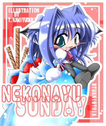 Rule 34 | 1girl, 2000s (style), animal ears, animal hands, bad id, black shoes, blue eyes, blue hair, blush, blush stickers, cat ears, cat girl, chibi, chibi only, food, fruit, full body, hair intakes, ice cream, kanon, kemonomimi mode, kizuki erika, long hair, looking at viewer, lowres, minase nayuki, mini person, minigirl, open mouth, pink background, shoes, smile, solo, strawberry, sunday, wafer stick