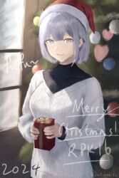 1girl 2024 absurdres alternate_costume black_bodysuit blurry blurry_background bodysuit box breasts character_name christmas collarbone commentary dated english_commentary english_text gift gift_box girls&#039;_frontline grey_hair highres holding holding_box holding_gift long_sleeves looking_at_viewer medium_hair merry_christmas open_mouth purple_eyes rpk-16_(girls&#039;_frontline) smile solo sweater twitter_username upper_body white_sweater wo_lai_diaoguo_yu
