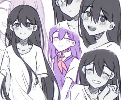 Rule 34 | 2girls, :d, arms at sides, bailan1130, black eyes, black hair, bright pupils, chinese commentary, chromatic aberration, closed mouth, collarbone, collared shirt, colored skin, commentary request, double-parted bangs, dress, dual persona, facing viewer, frown, grey tongue, grin, hair behind ear, hair between eyes, hair over shoulder, hands up, hatching (texture), highres, interlocked fingers, long hair, looking at viewer, mari (faraway) (omori), mari (headspace) (omori), mari (omori), multiple girls, multiple views, neckerchief, no pupils, official alternate eye color, omori, open mouth, own hands clasped, own hands together, purple hair, purple sweater vest, red neckerchief, shirt, short sleeves, simple background, smile, spoilers, straight-on, straight hair, sweater vest, teeth, tongue, upper body, upper teeth only, very long hair, white background, white dress, white eyes, white pupils, white shirt, white skin