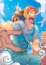 1boy artist_request bird black_hair blue_overalls blue_sky clenched_hand cloud commentary confetti curly_hair english_commentary hat headphones highres long_nose male_focus mixed-language_commentary official_art one_piece open_mouth overalls pale_skin pink_hat sky smoke solo sparkle usopp wristband