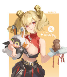 1girl black_skirt black_tube_top blonde_hair breast_press breasts burnice_white chocolate cleavage closed_mouth commentary dated eous_(zenless_zone_zero) food highres holding holding_chocolate holding_food large_breasts long_hair looking_at_viewer miniskirt navel red_eyes red_lips riria_kaiga simple_background skirt smile strapless tube_top two_side_up white_day zenless_zone_zero