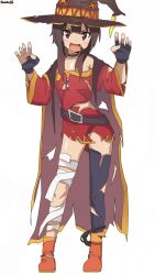 1girl :d artist_name bambi2000line bandaged_leg bandages belt black_gloves black_panties black_thighhighs blunt_bangs boots breasts brown_hair cape choker claw_pose collarbone commentary dress fingerless_gloves full_body gloves hands_up hat highres kono_subarashii_sekai_ni_shukufuku_wo! long_sleeves looking_at_viewer megumin no_panties off-shoulder_dress off_shoulder open_mouth panties panties_around_leg red_boots red_dress red_eyes simple_background single_thighhigh small_breasts smile solo standing thighhighs torn_bandages torn_boots torn_cape torn_clothes torn_dress torn_gloves torn_hat torn_thighhighs underwear v-shaped_eyebrows white_background witch_hat