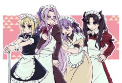 Rule 34 | 4girls, ahoge, apron, artoria pendragon (fate), black hair, blonde hair, blue eyes, commentary request, dress, fate/hollow ataraxia, fate/stay night, fate (series), glasses, green eyes, hair bun, hair ribbon, highres, hwanm fate, juliet sleeves, korean commentary, long dress, long hair, long sleeves, maid, maid apron, maid headdress, matou sakura, medusa (fate), medusa (rider) (fate), multiple girls, one eye closed, ponytail, puffy short sleeves, puffy sleeves, purple eyes, purple hair, ribbon, saber (fate), short dress, short sleeves, single hair bun, sleeves past wrists, tohsaka rin, two side up, very long hair, waist apron, white apron, wrist cuffs