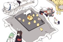 Rule 34 | 1boy, 3girls, :3, ahoge, akashi (azur lane), animal, animal ears, azur lane, baby animal, bird, black kimono, breasts, brown hair, cat, cat ears, chick, cleavage, closed eyes, fake animal ears, food, fruit, green hair, grey hair, hatski.sin, highres, japanese clothes, jean bart (azur lane), kimono, kotatsu, long hair, long sleeves, lying, mandarin orange, manjuu (azur lane), multiple girls, on back, on stomach, rabbit ears, sash, shiranui (azur lane), sleeping, sleeves past fingers, sleeves past wrists, sparkle, table, under table, underwear