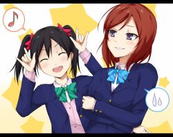 Rule 34 | 2girls, akiteri, black hair, blue jacket, blush, closed eyes, commentary request, crossed arms, gradient background, hair ribbon, highres, jacket, long sleeves, love live!, love live! school idol project, multiple girls, musical note, nico nico nii, nishikino maki, open mouth, otonokizaka school uniform, pink sweater, purple eyes, red hair, red ribbon, ribbon, school uniform, shirt, smile, spoken musical note, spoken sweatdrop, star (symbol), star symbol background, sweatdrop, sweater, twintails, white shirt, yazawa nico