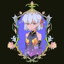 1girl detached_sleeves dress earrings fate/grand_order fate_(series) flower frown grey_hair hair_ribbon jewelry jhwxxxnb kama_(fate) kama_(first_ascension)_(fate) light_frown orange_hair plant purple_dress ribbon solo upper_body vines
