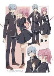 1boy 1girl absurdres black_socks blue_hair box closed_eyes commentary commission curtained_hair dated double-parted_bangs eiyuu_densetsu english_commentary english_text george_man gift gift_box hair_between_eyes hand_on_own_hip highres holding holding_gift juna_crawford kurt_vander loafers one_eye_closed pink_hair ponytail purple_eyes school_uniform sen_no_kiseki sen_no_kiseki_(series) sen_no_kiseki_iii shoes skeb_commission skirt socks standing standing_on_one_leg