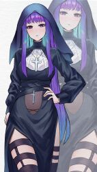 1girl absurdres black_dress blue_hair closed_mouth commentary cross cross_necklace dress english_commentary fern_(sousou_no_frieren) gradient_hair hand_on_own_hip highres jewelry long_hair long_sleeves looking_at_viewer multicolored_hair necklace nun purple_eyes purple_hair sengnam1997 solo sousou_no_frieren zoom_layer