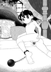1girl bed black_hair censored cum cum_in_pussy cum_on_hair cumdrip doraemon heart heart_censor indoors loli looking_at_viewer looking_back minamoto_shizuka misabon nude pussy solo tagme twintails
