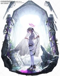 Rule 34 | 1girl, angel statue, arch, backless shirt, backlighting, black bow, black garter straps, black ribbon, blood, blood splatter, bow, broken statue, closed mouth, colored inner hair, commission, cross-laced clothes, cross-laced top, expressionless, flat chest, floral print, flower, footwear bow, frilled shirt, frills, from behind, full body, garter straps, gold shoes, grey hair, hair between eyes, hair flower, hair ornament, hair ribbon, halo, high heels, highres, leg ribbon, looking at viewer, looking back, melting halo, multicolored hair, original, oriti4, pillar, pink blood, pink eyes, pink flower, pink halo, plant, puffy short sleeves, puffy sleeves, purple flower, purple hair, ribbon, ruins, shirt, shoes, short hair, short shorts, short sleeves, shorts, skeb commission, solo, spiked halo, stairs, standing, tassel, tassel hair ornament, thighhighs, veil, veil lift, vines, water, white background, white shirt, white shorts, white thighhighs, white veil, wisteria