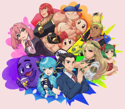 4boys 4girls 6+others absurdres ace_attorney androgynous armor biceps black_gloves black_hair black_sports_bra blonde_hair blue_bow blue_eyes blue_gloves blue_hair blue_jacket blue_suit blush blush_stickers bow braid breasts brown_eyes chain chain_necklace collared_shirt color_coordination color_wheel color_wheel_challenge copy_ability crossover crown_braid dark-skinned_male dark_skin demeter_(fate) detached_sleeves dizzy_(valorant) dress drill_hair earrings fate/grand_order fate_(series) feathers fingerless_gloves flower formal_clothes gekko_(valorant) gloves gold_chain green_eyes green_hair grimace_(mcdonald&#039;s) gwen_(league_of_legends) hair_bow hair_flower hair_ornament hanazono_hakari hand_wraps head_wreath highres jacket jewelry kimi_no_koto_ga_dai_dai_dai_dai_daisuki_na_100-nin_no_kanojo kirby_(series) large_breasts laurel_crown league_of_legends long_hair long_sleeves looking_at_viewer marisa_(street_fighter) mcdonald&#039;s medium_hair milkshake minase_itsuki_(vs_janshi_brand-new_stars) multiple_boys multiple_crossover multiple_drawing_challenge multiple_girls multiple_others muscular muscular_female neck_tattoo necklace necktie nintendo one_eye_closed open_mouth pauldrons phoenix_wright pink_hair purple_eyes red_bow red_dress red_hair red_necktie ruga_(vagryu) school_uniform shirt short_hair shoulder_armor smile spiked_hair sports_bra street_fighter street_fighter_6 suit tall_female tattoo thrash_(valorant) toon_(style) trap triceps twin_drills twintails upper_body valorant veins veiny_arms vs_janshi_brand-new_stars waddle_dee white_feathers white_shirt white_sleeves wingman_(valorant)