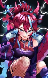 1girl black_shorts blue_eyes blue_hair blue_jacket breasts clawed_hands claws cleavage cloud_hair_ornament commentary cropped_shirt dragon_girl dragon_horns dragon_tail ear_piercing earrings english_commentary fangs fishnet_top fishnets hair_ornament hairband highres horns idol_corp jacket jewelry kai_saikota large_breasts long_hair long_sleeves looking_at_viewer multicolored_hair multiple_earrings multiple_piercings open_clothes open_jacket open_mouth piercing pointing pointing_at_viewer pointy_ears ponytail purple_shirt purple_socks red_hair shirt shorts single_thighhigh sitting socks solo spiked_hairband spikes streaked_hair tail thighhighs torn_clothes torn_thighhighs vasillust virtual_youtuber