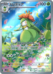 Rule 34 | artist name, blue sky, card (medium), closed eyes, cloud, company name, copyright name, copyright notice, day, evolutionary line, flower, gen 5 pokemon, grass, highres, lilligant, morikura en, nintendo, no mouth, official art, orange eyes, outdoors, petals, petilil, pokemon, pokemon (creature), pokemon card, pokemon focus, pokemon tcg, sky, third-party source, trading card, translation request