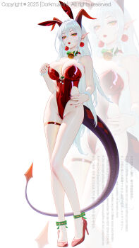 Rule 34 | 1girl, armpit crease, bell, blush, breasts, cleavage, curved horns, darkmuleth, demon girl, demon horns, demon tail, ear piercing, earrings, full body, groin, hair between eyes, hand on own stomach, high heels, highres, horns, jewelry, large breasts, leotard, leotard pull, lipstick, long hair, looking at viewer, makeup, multiple views, nail polish, neck bell, open mouth, original, piercing, playboy bunny, pointy ears, red leotard, red shoes, shoes, simple background, slit pupils, sphere earrings, stiletto heels, tail, thigh strap, very long hair, white background, white hair, yellow eyes