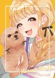 1girl absurdres animal black_bow blonde_hair blush bow braid brown_dog commentary dog fang fujita_kotone gakuen_idolmaster hair_bow highres holding holding_animal idolmaster jacket looking_at_viewer matching_hairstyle multicolored_jacket poodle shirt simple_background skin_fang smile solo twin_braids twitter_username upper_body yellow_eyes yellow_shirt yokoya_inori