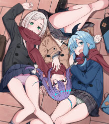 Rule 34 | 3girls, absurdres, aqua eyes, arm at side, arm up, asymmetrical bangs, backpack, bag, bare legs, black bow, black coat, black hairband, black shoes, black socks, blonde hair, blue coat, blue hair, blue panties, blue skirt, blunt ends, blush, bow, bow hairband, bow panties, braid, braided bangs, bright pupils, brown coat, brown sweater, cameltoe, closed mouth, clothes lift, coat, commentary request, crotch seam, diagonal-striped bow, duffel coat, eyes visible through hair, feet out of frame, foot out of frame, from above, green eyes, grey panties, grey skirt, hair bow, hair over one eye, hairband, highres, indoors, knee up, light smile, loafers, long bangs, long hair, long sidelocks, long sleeves, looking at viewer, low-tied sidelocks, lying, multicolored hair, multiple girls, on back, on floor, open mouth, orange eyes, original, panties, pantyshot, parted lips, peacoat, pink hair, pink panties, plaid clothes, plaid skirt, pleated skirt, polka dot, polka dot bow, polka dot panties, purple hair, purple pupils, red scarf, scarf, school bag, school uniform, shoes, side braid, sidelocks, skirt, skirt lift, smile, socks, striped clothes, striped panties, sweater, teeth, tile floor, tiles, underwear, upper teeth only, urushiushiru, variant set, white pupils, white socks