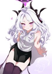 1boy 1girl absurdres ahoge black_halo black_skirt black_thighhighs blue_archive blush breasts demon_girl demon_horns demon_wings doodle_sensei_(blue_archive) halo highres hina_(blue_archive) horns long_hair looking_at_viewer purple_eyes sensei_(blue_archive) shirt simple_background sitting skirt small_breasts suzuran_kei thighhighs thighs white_hair white_shirt wings zettai_ryouiki