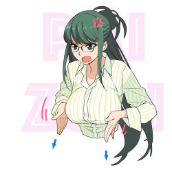1girl angry blue_eyes breasts collared_shirt commentary_request glasses green_hair highres ino_(magloid) kisaragi_rei large_breasts long_hair open_mouth otome_function shirt solo upper_body