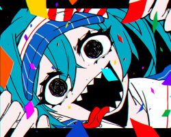 Rule 34 | absurdres, blue hair, eiku, empty eyes, fourth east high school uniform, hat, highres, hypnosis, looking at viewer, mesmerizer (vocaloid), mind control, party popper, school uniform, sharp teeth, teeth, tongue, tongue out, visor cap