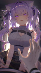 1girl absurdres ahoge animal_ear_fluff animal_ears belt black_ribbon black_skirt blurry blurry_background blurry_foreground breasts brown_belt cat_ears cat_girl cat_tail chest_harness cleavage cleavage_cutout clothing_cutout commentary_request crossed_bangs depth_of_field double-parted_bangs girl_on_top grey_shirt hair_between_eyes hair_ribbon harness highres hololive indoors large_breasts long_hair looking_at_viewer nekomata_okayu nekomata_okayu_(8th_costume) official_alternate_costume official_alternate_hairstyle open_mouth pov pov_hands purple_eyes purple_hair ribbon shirt skirt sleeveless sleeveless_shirt solo_focus straddling tail twintails virtual_youtuber yusha_(lv1_yusha_522)