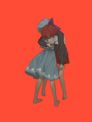 2girls alien_(psr992) barefoot blue_bow blue_hair blue_skirt blue_vest bow breasts hair_bow highres hug juliet_sleeves long_sleeves multiple_girls puffy_sleeves red_background red_eyes red_hair sekibanki shirt short_hair simple_background skirt sweatdrop tatara_kogasa touhou vest white_shirt yuri