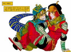 Rule 34 | 1 22sssam, 1boy, 1girl, argyle clothes, argyle sweater, bandaid, bandaid on face, black boots, black fur, black helmet, blonde hair, blue eyes, blue helmet, blue sweater, boots, brown gloves, brown pants, capelet, clothing cutout, commentary request, couple, cracked skin, diego brando, dinosaur tail, dress, flower ornament, fur-trimmed dress, fur trim, gloves, grey shirt, helmet, highres, hot pants (sbr), jojo no kimyou na bouken, korean commentary, korean text, leg warmers, pants, red capelet, red dress, red hair, red leg warmers, reverse trap, scary monsters (stand), shirt, shoulder cutout, stand (jojo), steel ball run, sweater, tail, translation request, turtleneck, turtleneck sweater