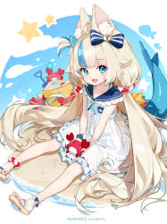 1girl animal_ear_fluff animal_ears blonde_hair blue_eyes blue_hair blue_sailor_collar blush bow breasts bucket cat_ears crab dress fins fish_girl fish_tail hair_bow highres hong_(white_spider) indie_virtual_youtuber long_hair looking_at_viewer low_twintails multicolored_hair one_side_up open_mouth sailor_collar sameko_saba sand sandals sitting small_breasts smile solo streaked_hair tail twintails virtual_youtuber white_dress