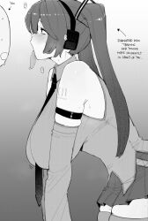 1girl 1other alternate_breast_size bare_shoulders blush breasts collared_shirt commentary detached_sleeves english_text faceless from_side gradient_background greyscale hair_ornament hatsune_miku highres huge_breasts leaning_forward long_hair looking_at_another monochrome necktie number_tattoo ohasi open_mouth pleated_skirt shirt simple_background skirt sleeveless sleeveless_shirt solo_focus sweat tattoo thighhighs tongue tongue_out twintails vocaloid zettai_ryouiki