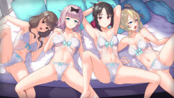 4girls aqua_bow armpits arms_up barefoot bed black_bow black_eyes black_hair blonde_hair blue_eyes blue_scrunchie blunt_bangs blush bow bow_bra bow_panties bra breasts brown_eyes brown_hair folded_ponytail fujiwara_chika hair_between_eyes hair_bow hair_ornament hair_ribbon hair_scrunchie hands_on_own_chest hayasaka_ai iino_miko indoors kaguya-sama_wa_kokurasetai_~tensai-tachi_no_renai_zunousen~ large_breasts legs long_hair looking_at_viewer low_twintails medium_hair multiple_girls navel okina_(805197) on_bed open_mouth panties parted_bangs pillow pink_hair red_eyes red_ribbon ribbon scrunchie shinomiya_kaguya side_ponytail thighs tongue twintails underwear underwear_only white_bra white_panties