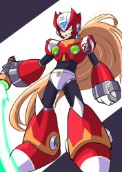 Rule 34 | 1boy, absurdres, armor, blonde hair, blue eyes, chest jewel, clenched hand, clenched teeth, energy sword, forehead jewel, full body, helmet, highres, holding, holding sword, holding weapon, long hair, male focus, mega man (series), mega man x (series), meshiuma0x, red armor, red helmet, simple background, solo, sword, teeth, weapon, white background, z saber, zero (mega man)