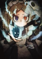 1girl apron bloody_marie_(skullgirls) blue_eyes brown_hair dress energy facing_viewer frilled_apron frills grey_hair hair_ornament heterochromia highres holding maid_headdress multicolored_hair raphusovo red_hair skull_hair_ornament skull_heart skullgirls solo transformation two-tone_hair upper_body