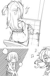 Rule 34 | 3girls, closed eyes, closed mouth, commentary request, greyscale, hololive, hololive dev is, ichijou ririka, ichijou ririka (regloss uniform), long hair, monochrome, multiple girls, official alternate costume, otonose kanade, otonose kanade (regloss uniform), short hair, sitting, squatting, tatsuya (s6pillars), todoroki hajime, todoroki hajime (regloss uniform), toilet, toilet use, two side up, virtual youtuber