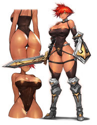 1girl armored_boots ass belt belt_buckle boots buckle dark-skinned_female dark_skin gauntlets gold gurimjang highres leotard narrow_waist original red-haired_warrior_(gurimjang) red_hair shield smile solo sword thighhighs warrior weapon white_background wide_hips yellow_eyes
