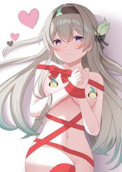 1girl :3 absurdres belly black_hairband black_ribbon blush bound bow breasts closed_mouth completely_nude firefly_(honkai:_star_rail) gift_wrapping gradient_hair green_pupils grey_hair hair_between_eyes hair_intakes hair_ornament hair_ribbon hairband heart highres honkai:_star_rail honkai_(series) long_hair lying medium_breasts multicolored_eyes multicolored_hair navel niwashi_nero nude on_back red_bow ribbon simple_background smile solo tied_up_(nonsexual) white_background