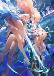 2girls absurdres ass bare_shoulders black_dress blonde_hair blue_eyes blue_panties breasts cartethyia_(wuthering_waves) closed_mouth commentary crown_of_thorns dress dual_persona earrings fleurdelys_(wuthering_waves) floating_earrings highres horns jewelry jushoro large_breasts long_hair long_horns medium_breasts multiple_girls panties parted_lips pointy_ears sandals sideboob sidelocks signature single_horn tacet_mark_(wuthering_waves) thighs underwear wuthering_waves yellow_horns