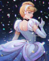 1girl artist_name black_choker blonde_hair blue_dress blue_eyes blue_gloves choker cinderella_(disney_character) cinderella_(disney_movie) dress elbow_gloves gloves highres looking_at_viewer looking_back luztapiaart puffy_short_sleeves puffy_sleeves short_sleeves solo updo upper_body watermark